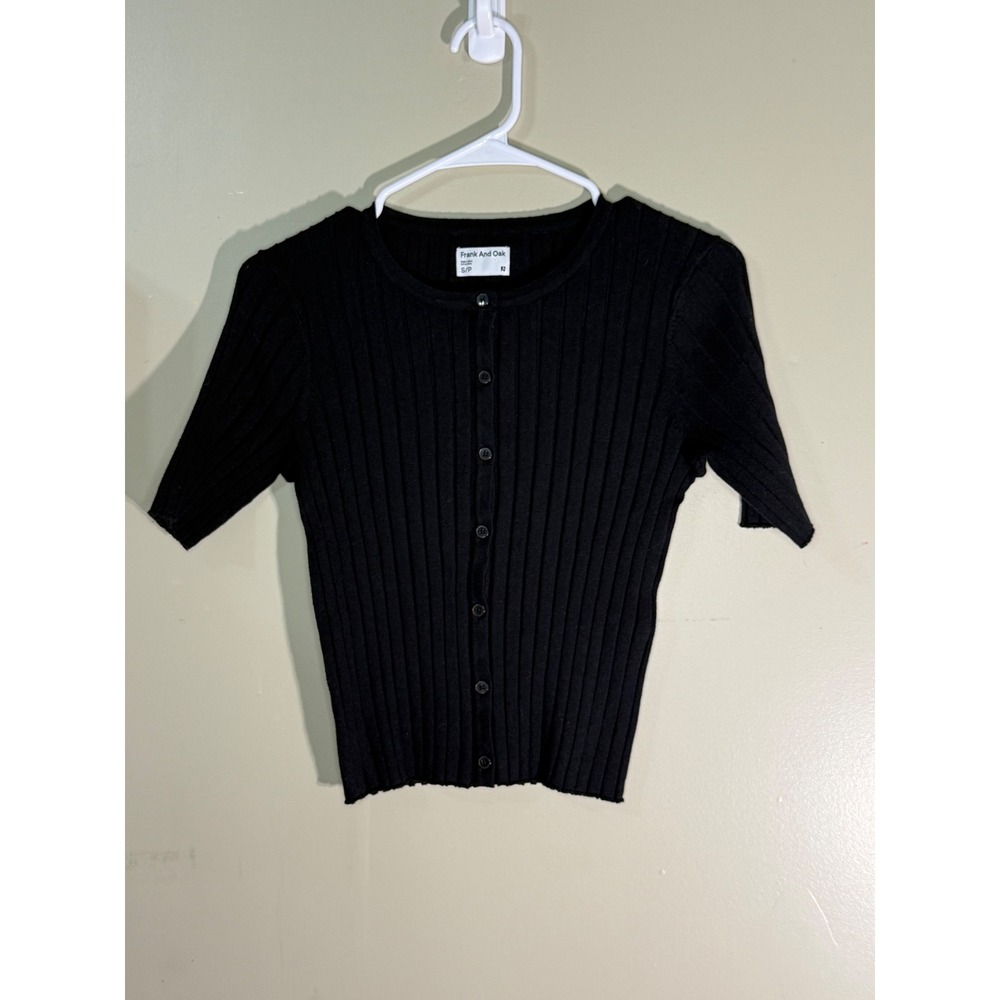 Frank And Oak Black Ribbed Knit Short Sleeve Cardigan Button Front Top Small